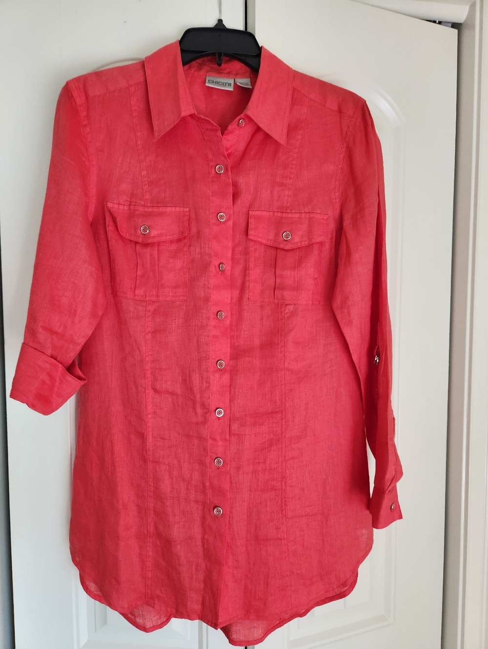Chico's No Iron Deep Coral (Flame Scarlet) Linen Roll Tab Shirt Sz 1!